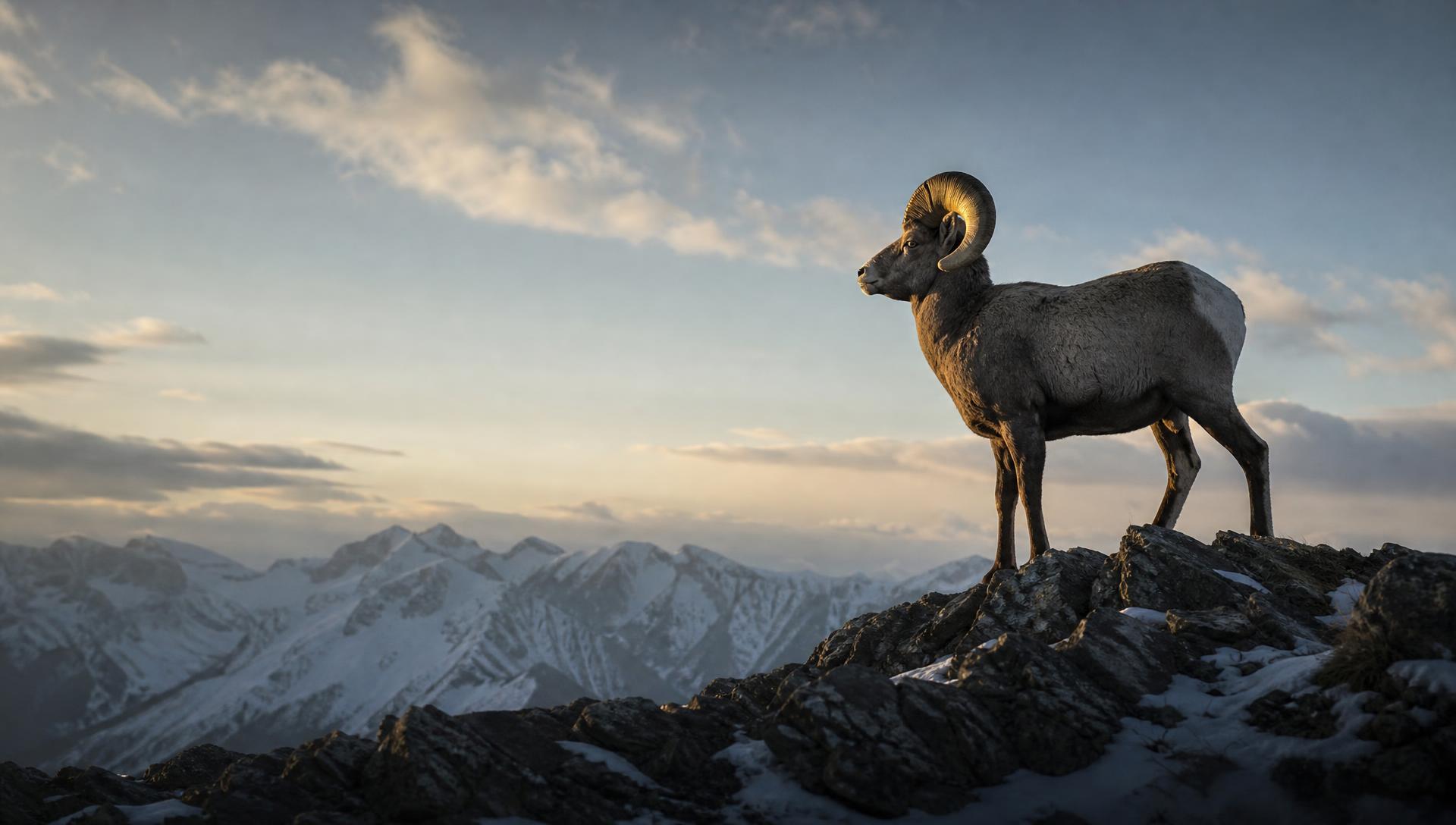 Bighorn ram on a ridgeline above the mountains of central British Columbia